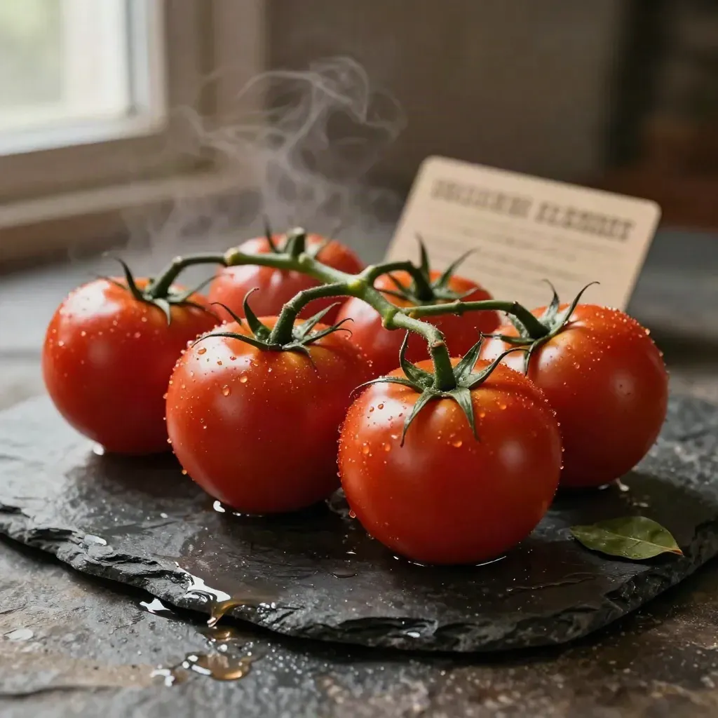 Seis tomates pera maduros sobre piedra mojada, con salpicadura fresca y vapor suave.