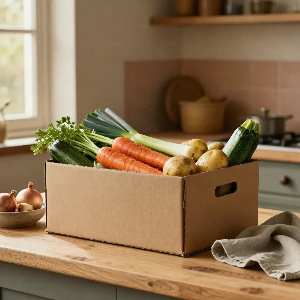 Caja familiar abierta con verduras frescas en una cocina rural, sobre mesa de madera clara.