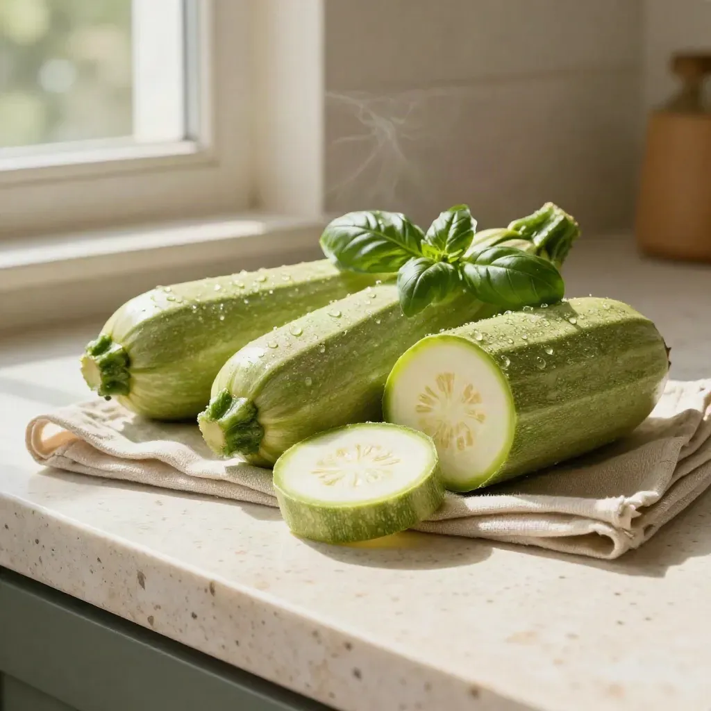 Calabacines ecológicos brillantes con albahaca y lino sobre travertino claro