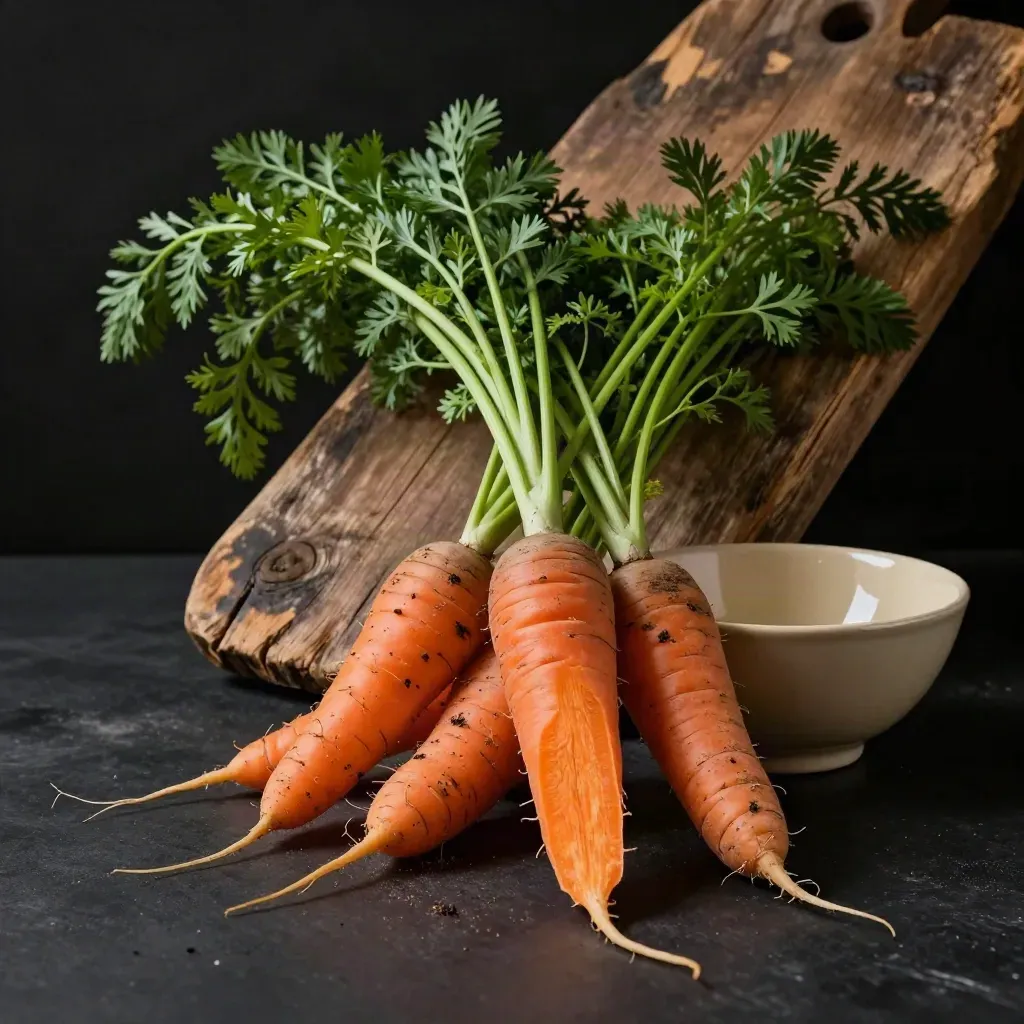 Zanahorias de huerta sobre tabla de roble y cuenco de cerámica, con luz dramática y polvo de tierra.