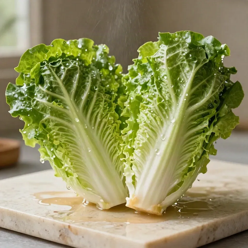 Dos corazones de lechuga romana cortados, con gotas de lavado sobre travertino húmedo.