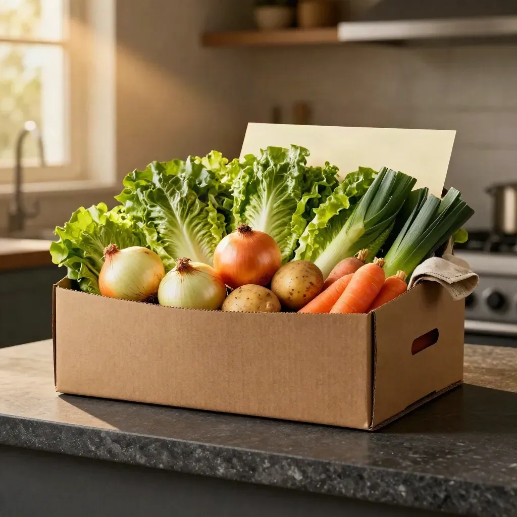 Caja kraft de pack cocina semanal con lechugas, patatas, zanahorias, cebollas y puerro sobre piedra oscura.