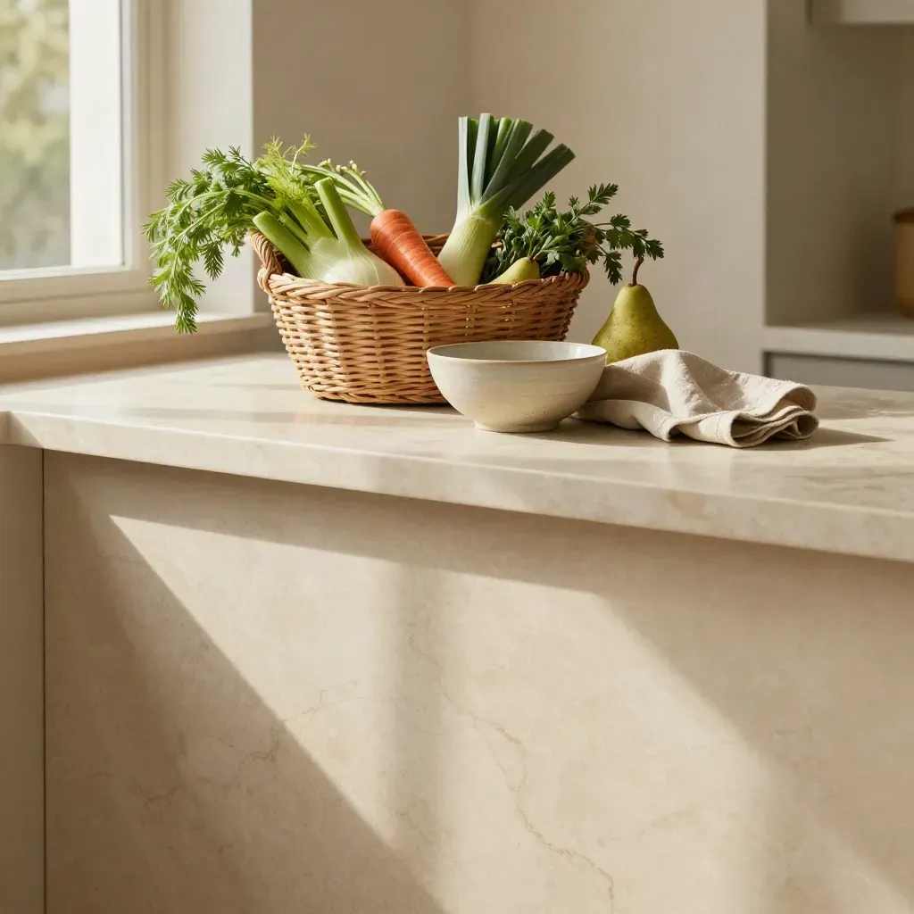 Encimera de mármol crema con cesta de mimbre, hortalizas y luz lateral suave.