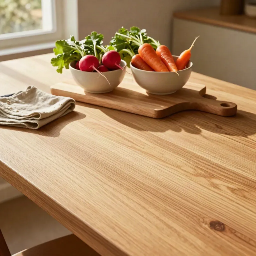 Mesa de roble claro con cuencos de cerámica y paño, luz suave y espacio vacío para copia.